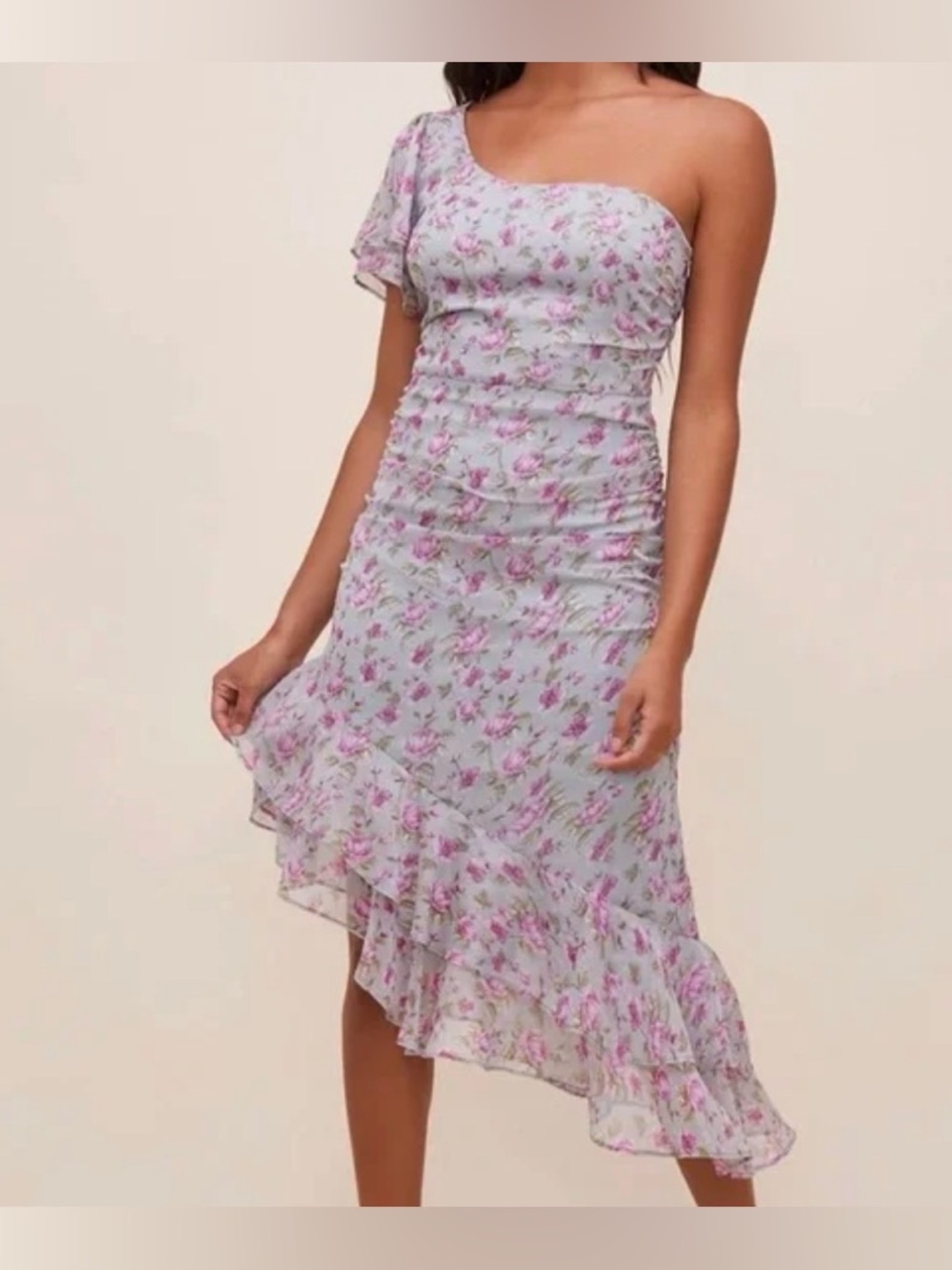 Astr NWT Floral One-Shoulder Ruffle Midi Dress in Light Blue and lavender